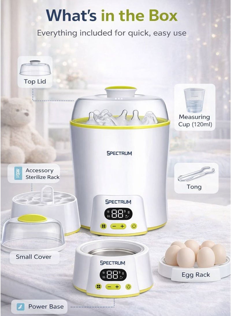 سبيكتروم جهاز تعقيم وتسخين زجاجات الرضاعة بالبخار متعدد الوظائف 5 في 1، رقمي، مناسب للأطفال حديثي الولادة والرضع. تعقيم بالبخار خالٍ من المواد الكيميائية، مصنوع من مادة البولي بروبيلين الآمنة غذائيًا والخالية من مادة BPA. يُعقم زجاجات الرضاعة، والحلمات، والأغطية، واللهايات، وأجزاء مضخة الثدي. يتسع لما يصل إلى 8 زجاجات قياسية أو 6 زجاجات ذات عنق عريض. يتميز بتسخين الحليب بسرعة عالية، ووظيفة الحفاظ على دفء الحليب، وجهاز تبخير طعام الأطفال، وجهاز سلق البيض مع رف للبيض. - Image 3